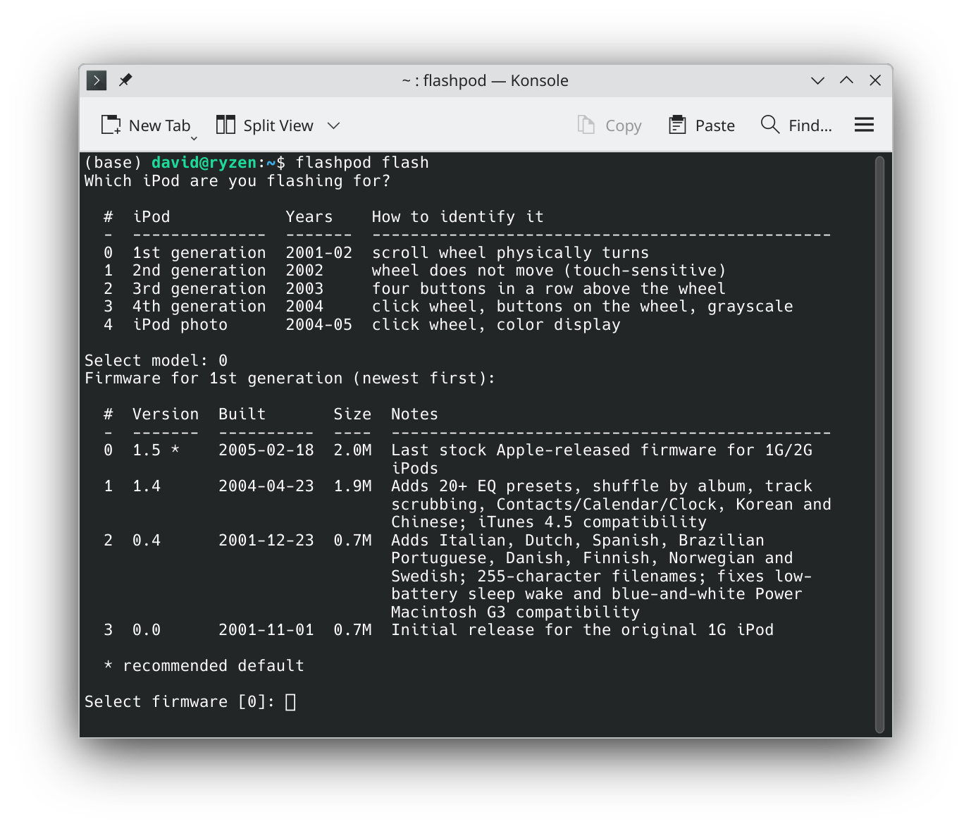 flashpod flash prompting for iPod model and firmware version in a terminal